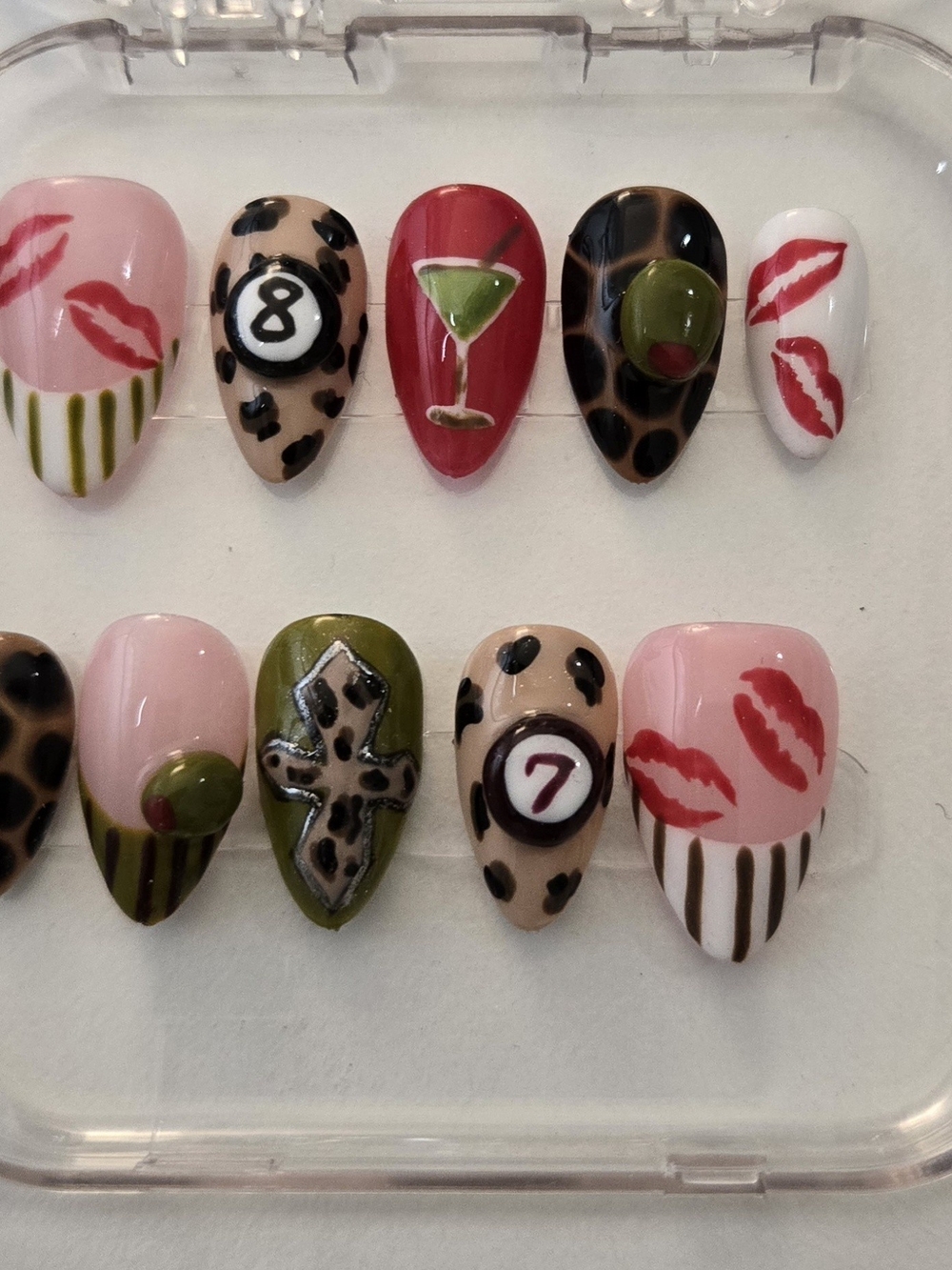 Hand-Painted Press-On Nail Set - Leopard, Lips & Martini Design